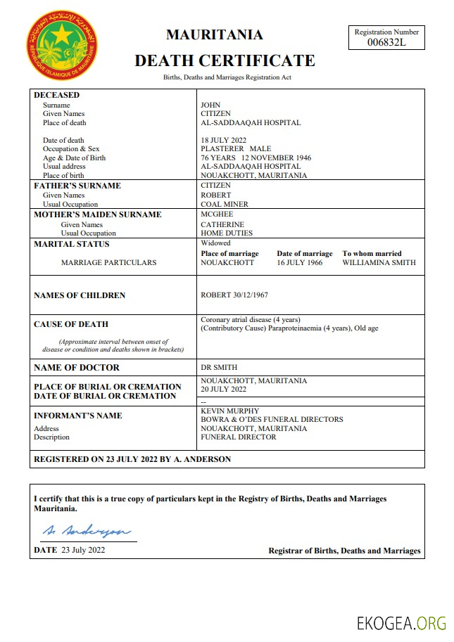 Modèle Word et PDF de certificat de décès de l'état civil de la Mauritanie